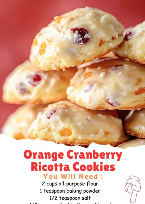 Orange Ricotta Cookies, Dried Cranberries Recipes, Ricotta Cookies Recipe, Italian Ricotta Cookies, Ricotta Cookies, Grandma Cooking, Cookie Cake Pie, Savoury Biscuits, Orange Cranberry