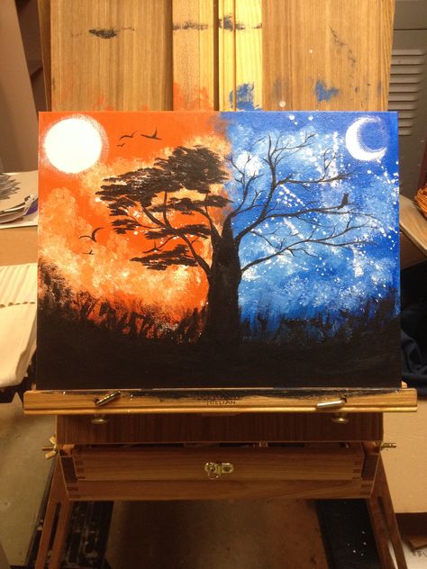 Day and night painting Night To Day Painting, Night And Day Painting Easy, Day Vs Night Painting, Day To Night Painting, Night And Day Painting, Night And Day Art, Recital Photoshoot, Day And Night Painting, Three Canvas Painting