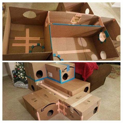 Rat Cardboard House, Diy Cat Fort Cardboard Boxes, Cat Box Fort, Cat Forts Cardboard Boxes, Box Fort For Cats, Box Fort Ideas, Cat Cardboard Box Ideas, Cat House Diy Cardboard, Cat Fort