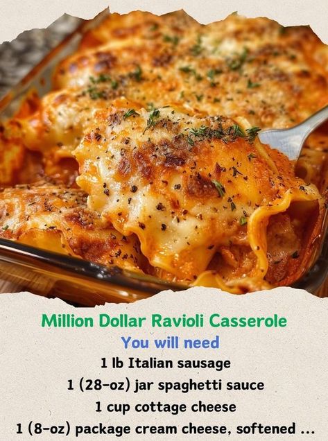 Alexander's Recipes Million Dollar Ravioli, Sausage Ravioli, Ravioli Casserole, Ravioli Bake, Tortellini Recipes, Italian Dinner Recipes, Dinner Plans, Beef Casserole Recipes, Italian Dinner