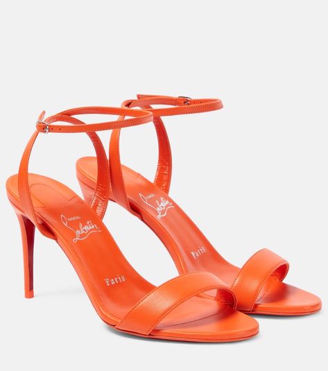 Loubigirl 85 leather sandals in orange - Christian Louboutin | Mytheresa Orange Strappy Heels, Louboutin Online, Christian Louboutin Sandals, Manolo Blahnik Hangisi, Velvet Pumps, Red Louboutin, Christian Louboutin Women, Mid Heel Sandals, Blue Sandals