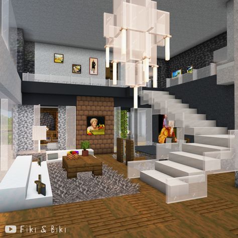 Minecraft build videos on our YouTube channel: Fiki & Biki 🐔 Minecraft Townhouse Interior, Modern Minecraft Stairs, Minecraft Modern Chandelier, Minecraft Living Room Modern, Cute Modern Minecraft Houses, Modern House Ideas Minecraft, Minecraft Bedroom Ideas Game Modern, Mincraft Home Ideas, Minecraft Toturial