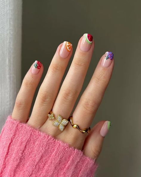 Nail Inspo Natural Nails, Natural Nails Spring, Fruit Nail Designs, Fruit Nails, Fruit Nail Art, Square Nail Designs, Round Nails, Nagel Inspo, Cute Nail Art