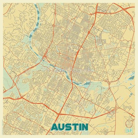 Austin Map Retro by HubertRoguski Keep Austin Weird, Austin Map, Map Canvas Art, Texas Map, City Map Art, Map Canvas, Retro Prints, City Art, Retro Art