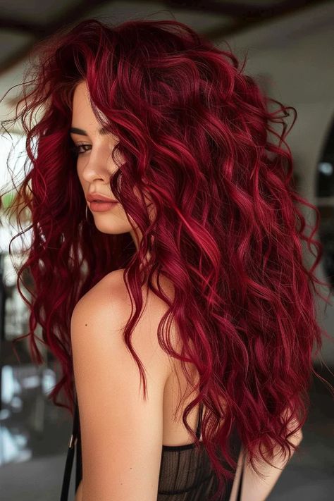 28 Burgundy Hair Ideas That Will Make You Want to Book a Salon Appointment Red For Fall Hair, Maroon Red Hair Color, Highlight Burgundy Hair, Color Hair For Curly Hair, Scarlett Hair Color, Bold Red Hair Color, Kevin Murphy Red Hair Color, Burgundy With Blonde Hair, Burgundy Medium Length Hair