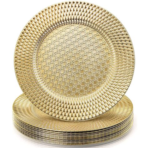 PRICES MAY VARY. High Quality Material: Charger plates are made of high quality plastic polypropylene material. These charger plates sport a timeless and classic design. Gold on the front, black on the back. Easy Care & Reusable: These decorative service plates look stunning when used for a wedding or special event and can be used multiple times, easy cleaning, only hand wash under hot rinsing water and let dry. Not dishwasher or microwave safe, and not in direct contact with food. Prevent Spill Plates Wedding Table, Dinner Plates Wedding, Table Chargers, Plate Chargers, Plates Wedding, Gold Charger Plate, Gold Bubbles, Sewing Furniture, Wooden Slices