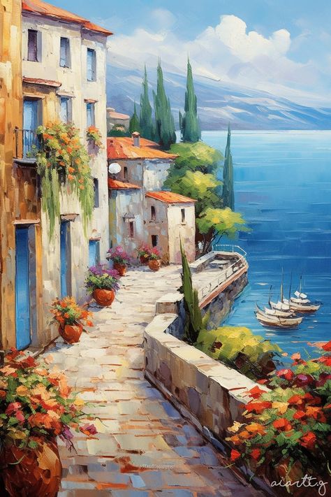 Arts | Village near the Mediterranean Painting On Canvas For Beginners, Mediterranean Art, Fall Canvas Painting, Beach Art Painting, Christmas Paintings On Canvas, Art Village, Glasgow School Of Art, Cat Air, Canvas For Beginners