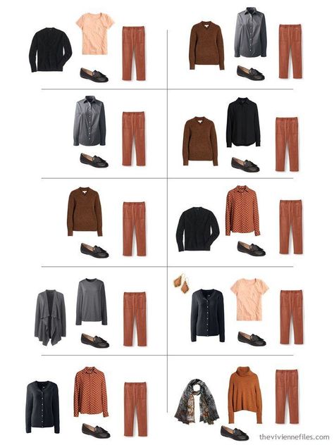 11. 10 ways to wear rust pants from a travel capsule wardrobe Cooper Pants Outfit, Rust Brown Outfit Color Combos, What To Wear With Rust Colored Pants, Taupe Pants Outfit Color Combos, Rust Brown Pants Outfit, Cognac Pants Outfit, Copper Pants Outfit, Rust Pants Outfit Work, Rust Outfit Color Combos