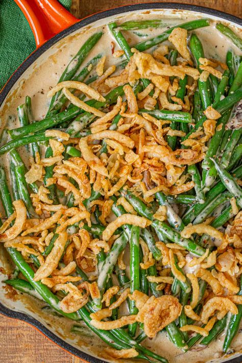 Stovetop Green Bean Casserole in skillet with French onions Canned Onions, Stove Top Green Beans, Ultimate Green Bean Casserole, Fresh Green Bean Casserole, Keri Soup, Creamy Green Beans, Healthy Green Bean Casserole, Healthy Green Beans, Best Green Bean Casserole