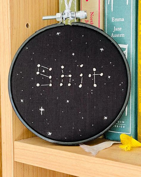 White On Black Embroidery, Constellations Craft, Embroidery Black Fabric, Black On Black Embroidery, Constellation Embroidery, Stars Embroidery, Scarborough Fair, Dmc Embroidery, Hand Embroidery Projects