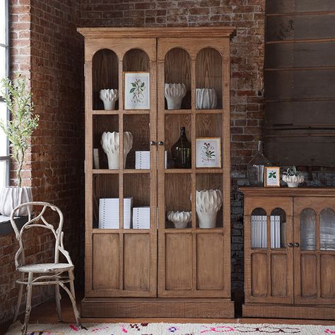 <p>Showcase your favorite books, decorative items, and family heirlooms with our <strong>Arched Windowpane Pine Bookcase</strong>. Constructed of upcycled pine, this four-shelf bookcase boasts a fresh, antique, natural finish that beautifully highlights the wood grain. With double doors adorned with clear glass panes that gracefully arch at the top and pinewood panels at the bottom to provide hidden storage, this beautiful furniture piece is the perfect addition for any home or Natural Wood Bookcase, French Country Bookcase, Built In Bookcases, Arch Cabinet, Pine Bookcase, Beautiful Furniture Pieces, Room Maker, Bookcase Wood, Antique Bookcase