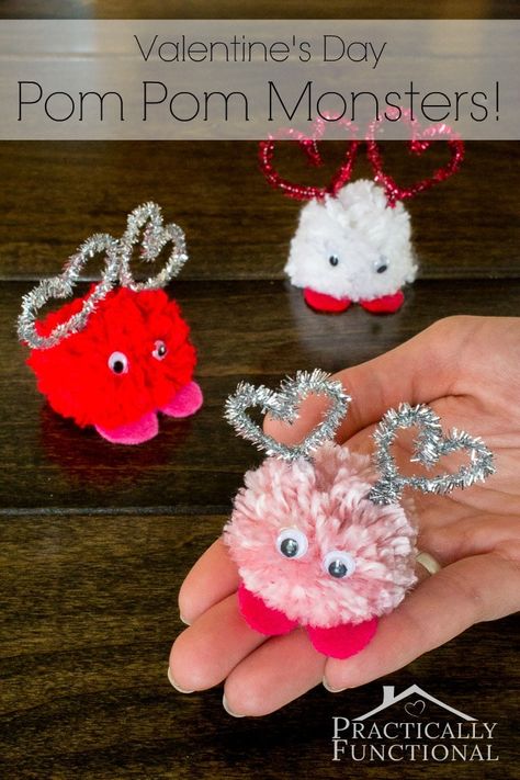 Pom Pom Monsters, Simple Valentines, Saint Valentin Diy, Valentines Bricolage, Valentine's Day Crafts For Kids, Valentine Crafts For Kids, Pom Pom Crafts, Valentines Day Activities, Valentines School