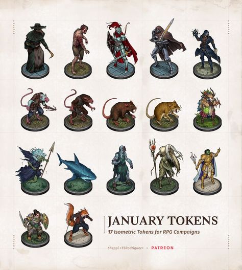 17 Isometric tokens with a variety of enemies, monsters, and heroes for rpg campaigns. Bard Paladin, Druid Witch, Map Assets, Monster Theme, Fantasy Heroes, Dnd Maps, Isometric Art, Fantasy Theme, Dnd Art