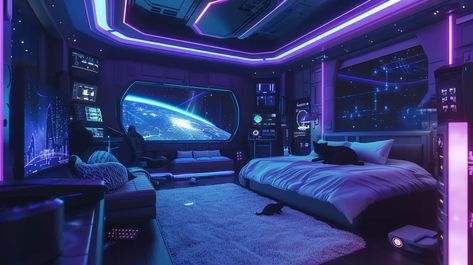 The image shows a futuristic bedroom with a large window looking out into space. The room is decorated in shades of purple and blue, there is a bed, a sofa, and a few chairs ->> more details in ai-img-gen.com Space Bedroom Concept Art, Scifi Bedroom, Starfield Aesthetic, Sci Fi Bedroom, Futuristic Rooms, Aesthetic Settings, Futuristic Room, Galaxy Bedroom, Futuristic Bedroom