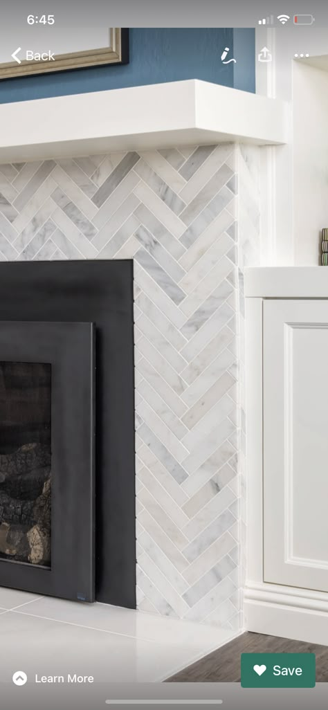 Fireplace Tile Grey, Tile Fireplaces With Wood Mantle, Herringbone Tile On Fireplace, Herringbone Subway Tile Fireplace, 3 Sided Fireplace Tile, Fireplace Mantle With Tile Surround, Herringbone Tile Fireplace Surround, Marble Fireplace With Mantle, Fireplace Surrounds Tile