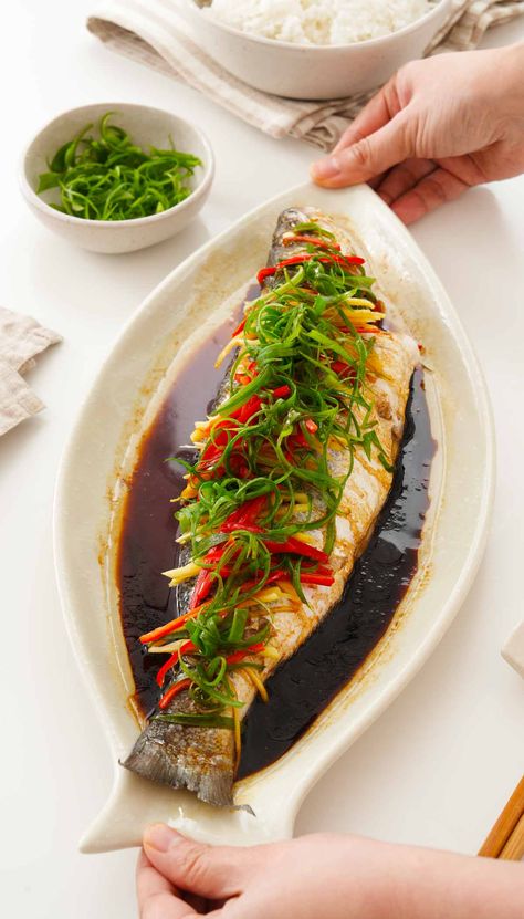 Chinese Whole Steamed Fish Chinese Steamed Fish, Steam Fish, Steamed Fish Recipes, Whole Fish Recipes, Homemade Stir Fry, Chicken Slices, Stir Fry Noodles, Steamed Fish, Marinated Beef