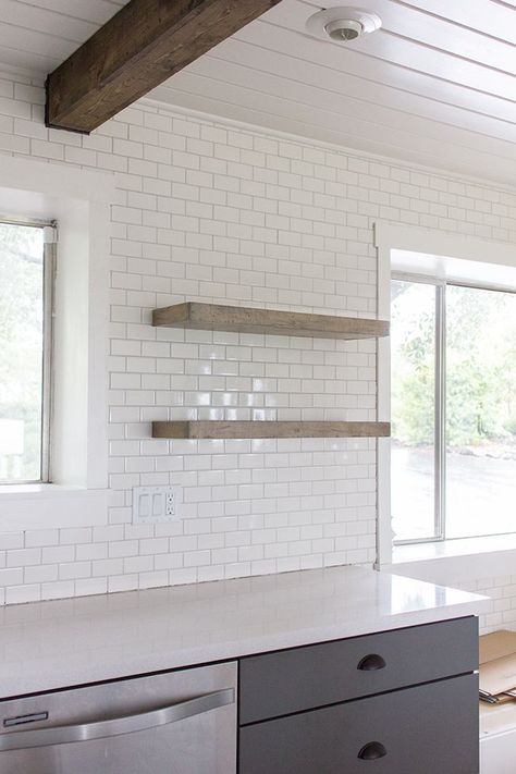 Thick natural wood floating shelves on subway tile Floating Shelves Bedroom, Rustic Bathroom Shelves, Floating Shelves Living Room, Desk Diy, Floating Shelves Kitchen, White Floating Shelves, Floating Shelves Bathroom, Rustic Floating Shelves, Build Floating Shelves