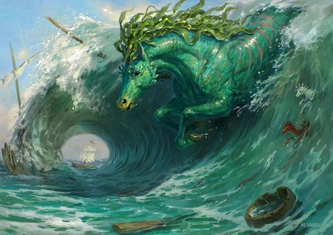 Hippocampus Art, Kelpie Art, Elemental Animals, Kelpie Horse, Giant Creatures, Water Horse, Fantasy Horses, Paintings And Drawings, Unicorn Art