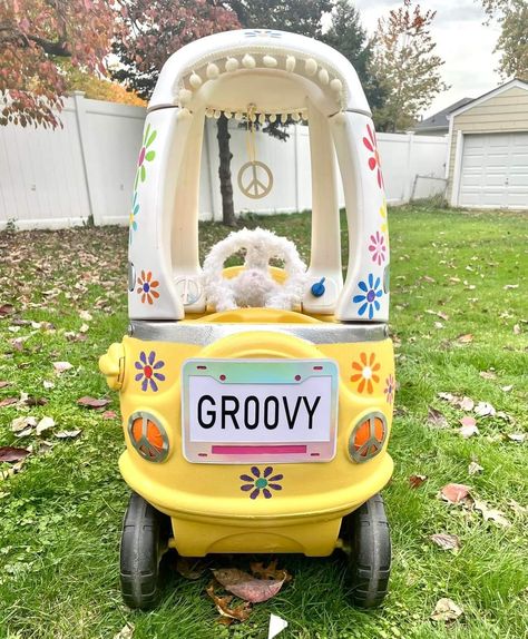 Painted Little Tikes Car, Little Tykes Car Makeover Cozy Coupe, Little Tikes Car Makeover, Groovy Birthday Party Ideas, Little Tikes Makeover, Two Groovy Birthday Party, Cozy Coupe Makeover, 2 Groovy, Two Groovy Birthday