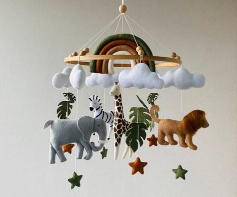 Safari Nursery Mobile With Rainbow Realistic Felt Animals - Etsy Australia Safari Nursery Mobile, Safari Mobile, Safari Baby Shower Decorations, Safari Baby Mobile, Felt Mobile, Baby Crib Mobile, Hanging Mobile, Baby Gym