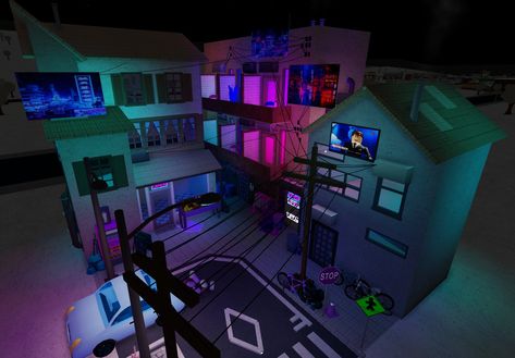 Cyberpunk House, Neon Cyberpunk, Japanese Town, Bloxburg Decals Codes, City Layout, House Decorating Ideas Apartments, Diy House Plans, Cyberpunk City, Dream House Rooms