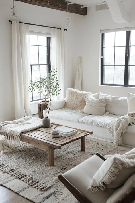 Minimalist Design: Key Furniture Pieces Modern Boho Farmhouse Living Room, Neutral Boho Living Room, Coastal Modern Living Room, Boho Farmhouse Living Room, White Leather Couch, Beachy Living Room, Boho Living Room Inspiration, Inside A House, Neutral Boho