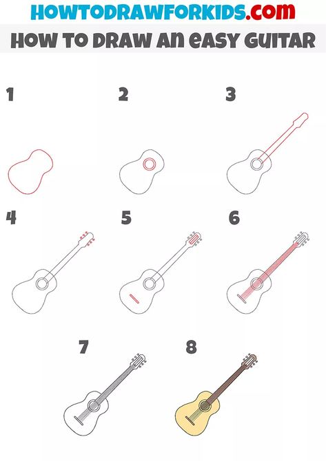 How to Draw an Easy Guitar - Easy Drawing Tutorial For Kids Mini Guitar Drawing, Guitar Drawing Tutorial, Guitar Drawing Easy, Simple Guitar Drawing, Draw Guitar Easy, Guitar Drawing Easy Step By Step, Very Easy Drawing, Guitar Drawing, Drawing Tutorials For Kids