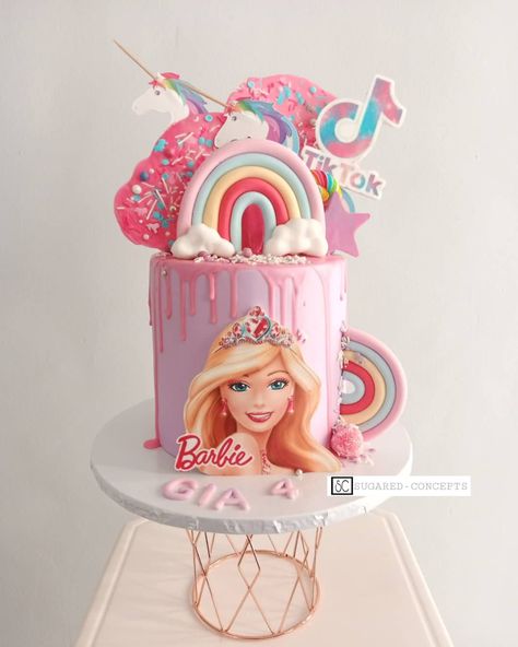 Barbie And Unicorn Cake, Barbie Drip Cake, Unicorn Barbie Birthday Party, Unicorn Barbie Cake, Rainbow Barbie Cake, Barbie Unicorn Cake, Barbie Cake Design Girl Birthday, Happy Birthday Cake Girl, Barbie Cake Birthday