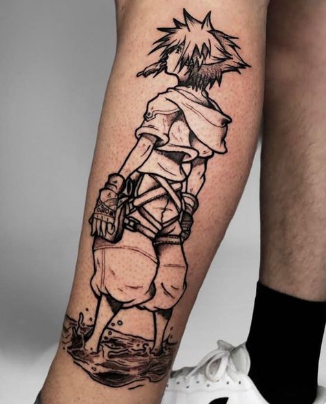 Sora Kingdom Hearts Tattoo, Ff7 Tattoo Ideas, Final Fantasy Vii Tattoo, Sora Tattoo, Swords Tattoos, Gaming Tattoo Sleeve, Kh Tattoo, Keyblade Tattoo, Yugioh Tattoo