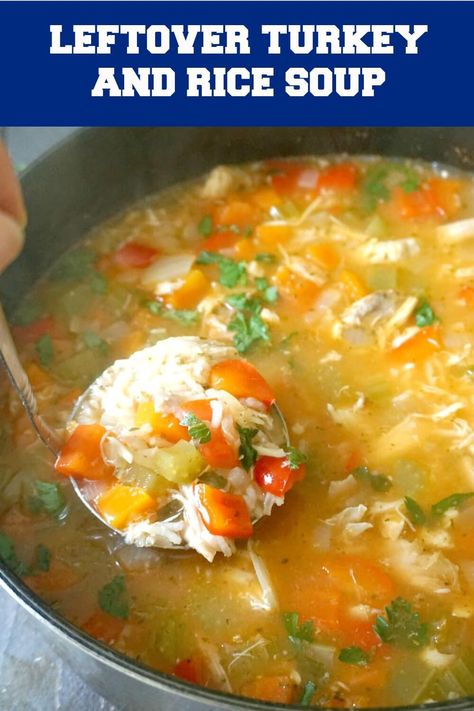 Leftover Turkey Rice Soup, a quick and easy recipe for chilly days. This hearty homemade soup is loaded with veggies for extra goodness, it's healthy, and ready in well under 30 minutes. A favourite soup with kids and grown-ups alike, the soup can be made with leftover chicken too, or any other leftover meat. Comfort food at its best, this turkey soup is soothing and just perfect for colds and flu too #leftoverturkey, #turkeyrecipes, #turkeysoup, #soup, #healthyfood, #kidsfoodideas, #... Leftover Turkey Rice Soup, Homemade Turkey Soup, Turkey Rice Soup, Leftover Turkey Soup, Turkey Rice, Turkey Soup Recipe, Rice Soup Recipes, Leftovers Soup, Leftover Turkey Recipes