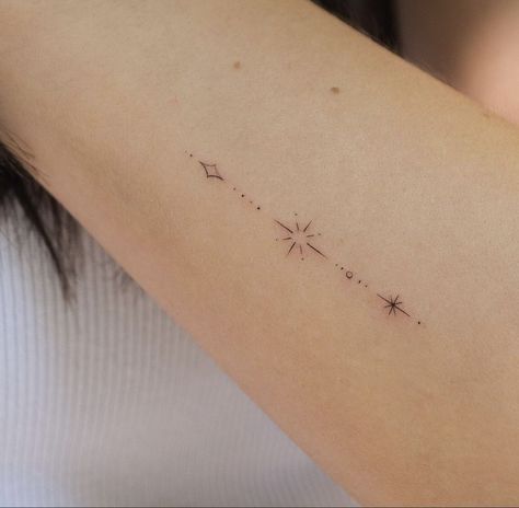 Line Stars Tattoo, Small Tattoos Side Wrist, Stars In A Line Tattoo, Fine Line Star Tattoos For Women, Dainty Women’s Tattoos, Line Of Stars Tattoo, Dainty Arrow Tattoo, Delicate Line Tattoo, Fine Line Wrist Tattoos For Women