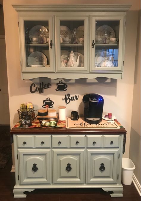 China Cabinet Used As Kitchen Cabinets, China Cabinet Split In Half, Coffee Bar China Cabinets, China Cabinet Coffee Bar Diy, Hutch Into Coffee Bar, China Cabinet Bar Makeover, Hutch Makeover Coffee Bar, Repurposed Coffee Bar, China Cabinet Coffee Bar