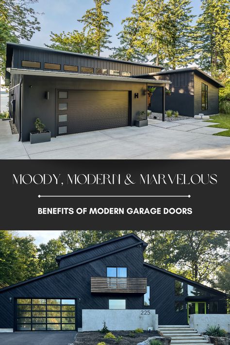 These garage doors are moody, modern and marvelous! Level up your curb appeal game with a touch of chic sophistication, elegance, and boldness: a black, modern garage door! Enhance your home’s value and make a lasting first impression that sets your property apart. With the variety of materials, colors, and finishes, we assure you, there's a modern garage door to match every home's unique style.

📸: @ourmodernhome | @midcenturydefined Coastal Garage, Modern Garage Door, Exterior Garage Door, Modern Wood Doors, Faux Wood Garage Door, Contemporary Garage Doors, Aluminium Garage Doors, Contemporary Garage, Glass Garage