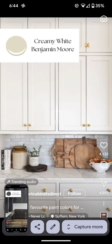 Creamy White Benjamin Moore, Benjamin Moore Creamy White, Benjamin Moore Cabinet Paint, Creamy White Cabinets, White Benjamin Moore, Renovate Kitchen, Riverfront Home, Kitchen Paint Ideas, Benjamin Moore Kitchen