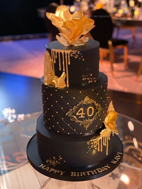 40th Birthday Themes For Men Surprise, Black And Gold 3 Tier Birthday Cake, Cake Designs For 50th Birthday Men, Black And Gold 40th Birthday Cake, 45th Birthday Cake Men, Elegant 50th Birthday Cake For Men, Elegant Birthday Cakes For Men Design, Black Gold Cake Birthday, 40 Birthday Cakes For Women