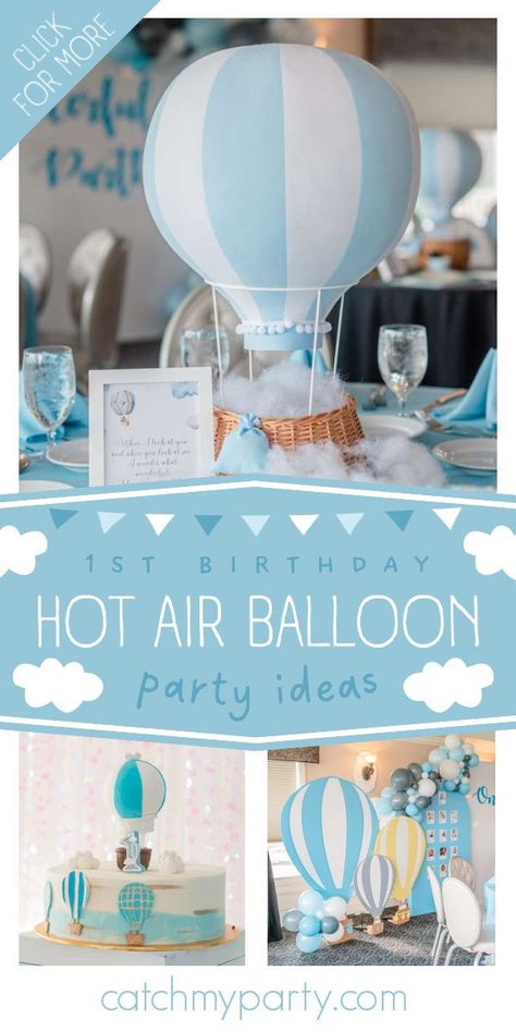 Check out this cute hot air balloon 1st birthday party! The table settings are fantastic! See more party ideas and share yours at CatchMyParty.com Around The World 1st Birthday Party, 1st Birthday Hot Air Balloon Theme, Hot Air Balloon First Birthday Boy, Hot Air Balloon 1st Birthday Party, Hot Air Balloon Birthday Theme, Hot Air Balloon Theme Party, Hot Air Balloon Party Ideas, Hot Air Balloon Party Theme, Hot Air Balloon Party Decorations