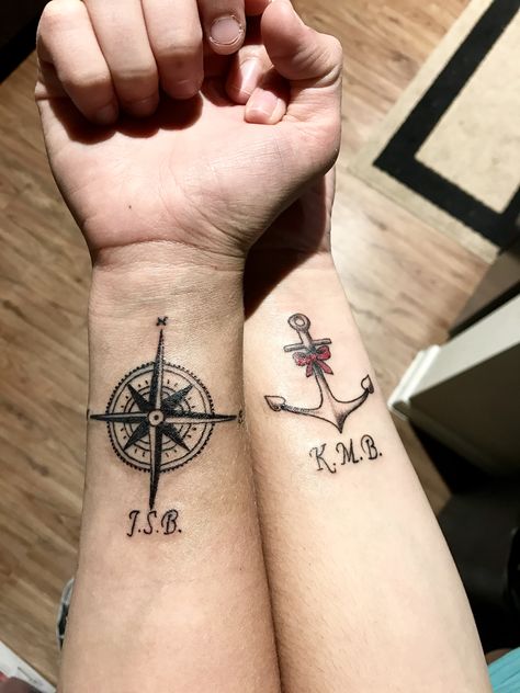 #coupletattoos #sailor #compass #anchor #hersandhers #wristtattoo Couple Tattoos Compass And Anchor, Anchor And Compass Tattoo Couples, Couple Wrist Tattoos, Partner Tattoos, Compass Rose Tattoo, Couple Tattoos Unique Meaningful, Couple Tattoos Love, Best Couple Tattoos, Wife Tattoo