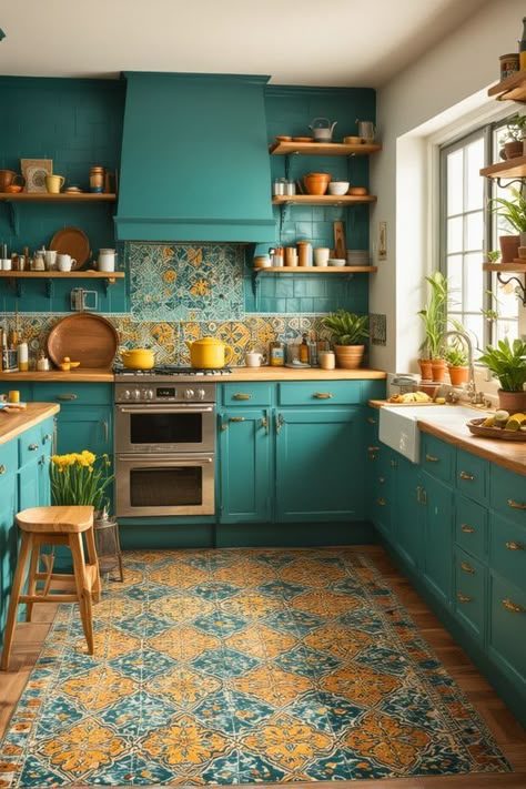 Muted Teal Kitchen Cabinets, Teal Color Palette Kitchen, Teal Kitchen Ideas, Kitchen Boho Style, Boho Home Ideas, Boho Kitchen Table, Boho Kitchen Curtains, Teal Kitchen Cabinets, Boho Farmhouse Kitchen