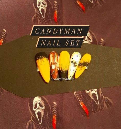 SpookyRedRose on Instagram: "Candyman Nail set!!! &love my new scarf! #candyman #candymanmovie #candyman2021 #candymanjordanpeele #horrorclassic #horrornailart #luxurypressons #luxurypressonnails #pressonnails #pressonnailbusiness #pressonnaillovers #glueonnailsets #spookyvibes #spookyfashion #spookysticker #smallspookybusiness #shopsmall #halloweennails #halloween2021" Jordan Peele, Spooky Stickers, Set Love, Halloween 20, Man Movies, Halloween Nails, Black N Yellow, Press On Nails, Nail Art