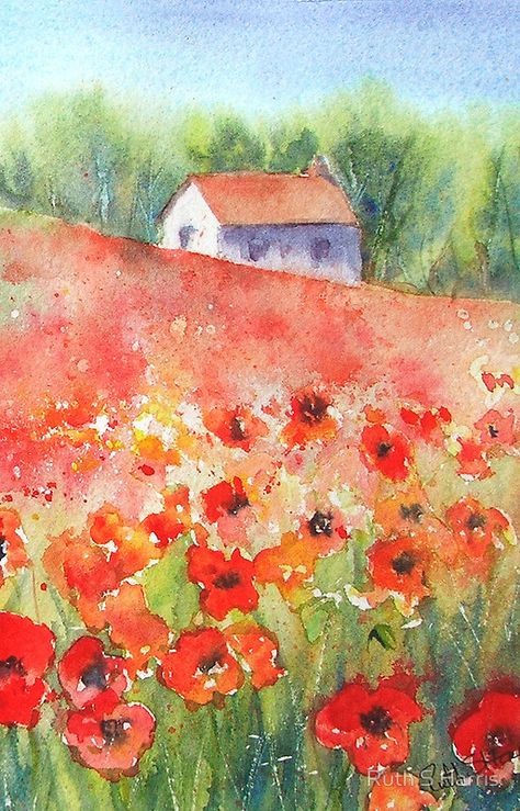 Poppy Field Painting, Canvas Painting For Beginners, Watercolor Art Landscape, Canvas For Beginners, Watercolor Poppies, Watercolour Inspiration, Painting For Beginners, Easy Canvas Painting, Watercolor Flower Art