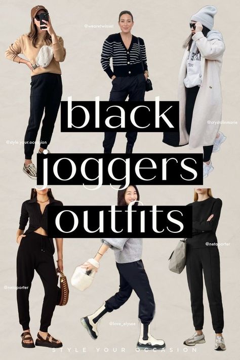 Looking for jogger pants outfit or sweatpants outfit ideas for fall or winter? You’ll love this list of casual black joggers outfit ideas for women that have a perfect street style vibe. There are also dressy black jogger outfits for work. You’ll love these comfy outfits! (Trendy outfits 2024) Styling Black Joggers, Styling Black Sweatpants, Black Joggers Outfit Work, Outfit With Black Sweatpants, Black Jogger Outfits, Black Jogger Pants Outfit, How To Style Black Sweatpants, Sweat Outfits For Women, Jogger Pants Outfit Women