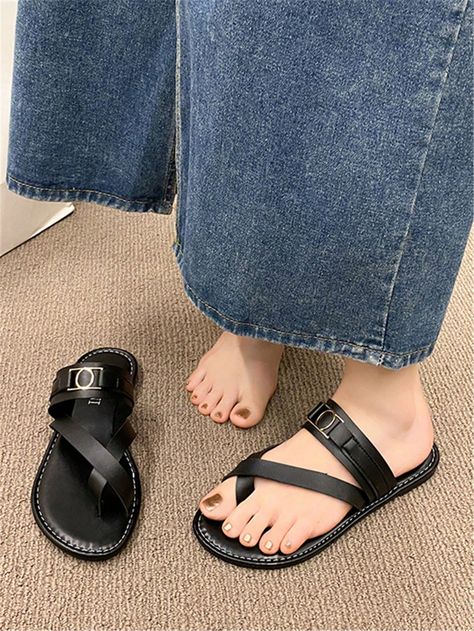 Black  Collar   Plain  Embellished   Women Shoes Beach Slippers, Kids Beachwear, Luggage Bags, Women Clothes Sale, Summer Women, New Fashion, Flip Flops, Fashion Shoes, Korean Fashion