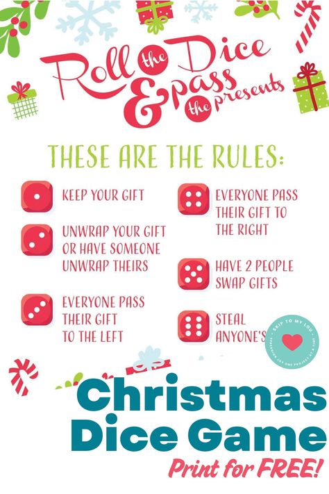 Looking for a fun way to spice up your holiday gift exchange this year? Try out the Christmas Dice Game Gift Exchange! 🎲🎁 Perfect for bringing families together during the festive season. Get everyone involved with these easy-to-follow rules and printable game sheets. This Christmas dice game is sure to bring laughter and excitement as gifts are swapped around based on the roll of the dice. It's a great way to add some extra cheer to your celebrations! Roll The Dice Gift Exchange Game Printable, Dice Roll Gift Exchange Game, Gift Exchange Dice Game Free Printable, Christmas Dice Game Gift Exchange, Dice Game Gift Exchange, Dice Games For Adults, Roll The Dice Game, Kids Gift Exchange, Gift Exchange Rules