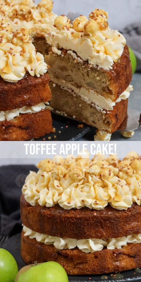 Toffee Apple Cake! - Jane's Patisserie Toffee Apple Cheesecake, Toffee Buttercream, Crumble Cake Recipe, Fruit Cake Recipe Easy, Chewy Toffee, Apple Crumble Cake, Janes Patisserie, Homemade Toffee, Sponge Cakes