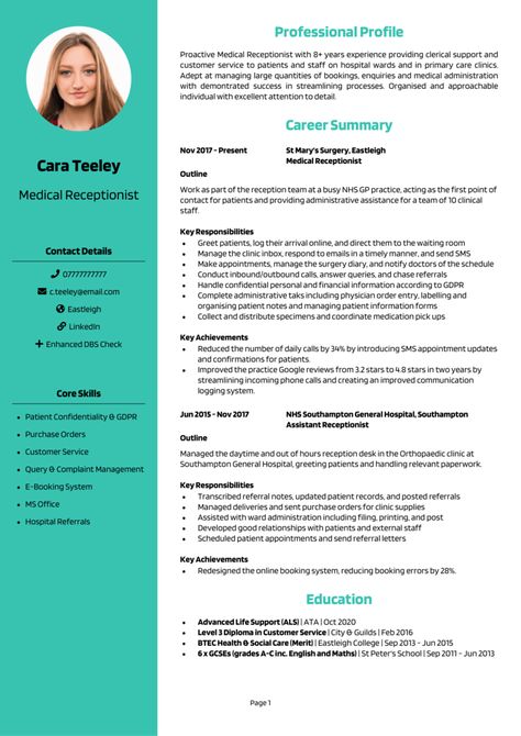 Medical Receptionist CV example + guide [Get noticed] Cv Profile, Medical Receptionist, Cv Example, Phone Etiquette, Virtual Receptionist, Receptionist Jobs, Best Cv, Good Cv, Cv Examples