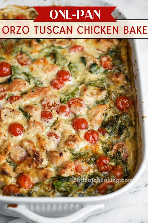 Bad Batch Cooking, Tucson Chicken Orzo, One Pan Orzo Tuscan Chicken Bake, Dump And Bake Tuscan Chicken Orzo Meals And Munchies, One Pot Baked Meals, Easy Healthy One Pan Dinner, One Pan Orzo Chicken Bake, Easy Orzo Dinner Recipes, Easy Fall Family Meals