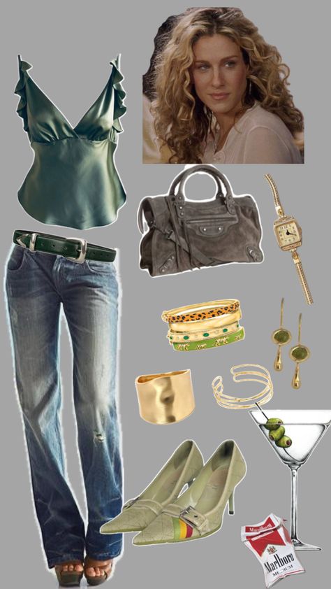 #ootd #outfits #outfitoftheday #carrie #bradshaw #carriebradshaw #SATC #satc #sexandthecity #dior #jeans #90s #fashion #style #gold #curlyhair Dior Jeans, Carrie Bradshaw Outfits, Carrie Bradshaw Style, Collage Outfits, Famous Outfits, Dressy Casual Outfits, 2000s Outfits, Outfit 90s, Ootd Outfits