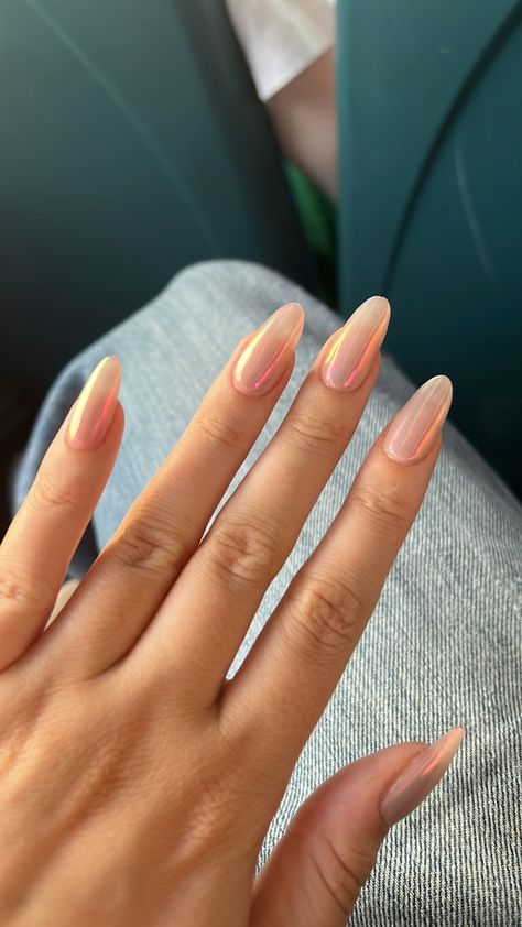 Glazed Donut Nails Almond Shape, Almond Nails Glazed, Nude Nail Extensions, Nude Glazed Nails, Chrome Glazed Donut Nails, Peachy Nude Nails, Pink Glazed Donut Nails, Glazed Doughnut Nails, Hailey Bieber Nails