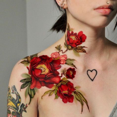 Botanical Reference, Flower Reference, Tattoo Floral, Floral Tattoo Sleeve, Red Ink Tattoos, Red Tattoos, Shoulder Tattoos For Women, Botanical Tattoo, Tattoo Feminina