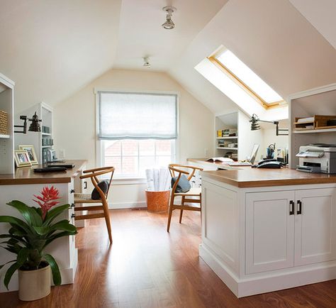 In this #homeoffice the low ceilings could make the space feel cramped and claustrophobic. But by keeping the design simple and mostly white, the room feels spacious and open. Wood countertops provide a warm contrast to the white walls, ceiling, and cabinetry. Designer Thoughts, Slant Ceiling, Attic Inspiration, Frog Ideas, Attic Makeover, Attic Office, Attic Renovation Ideas, Garage Attic, Finished Attic